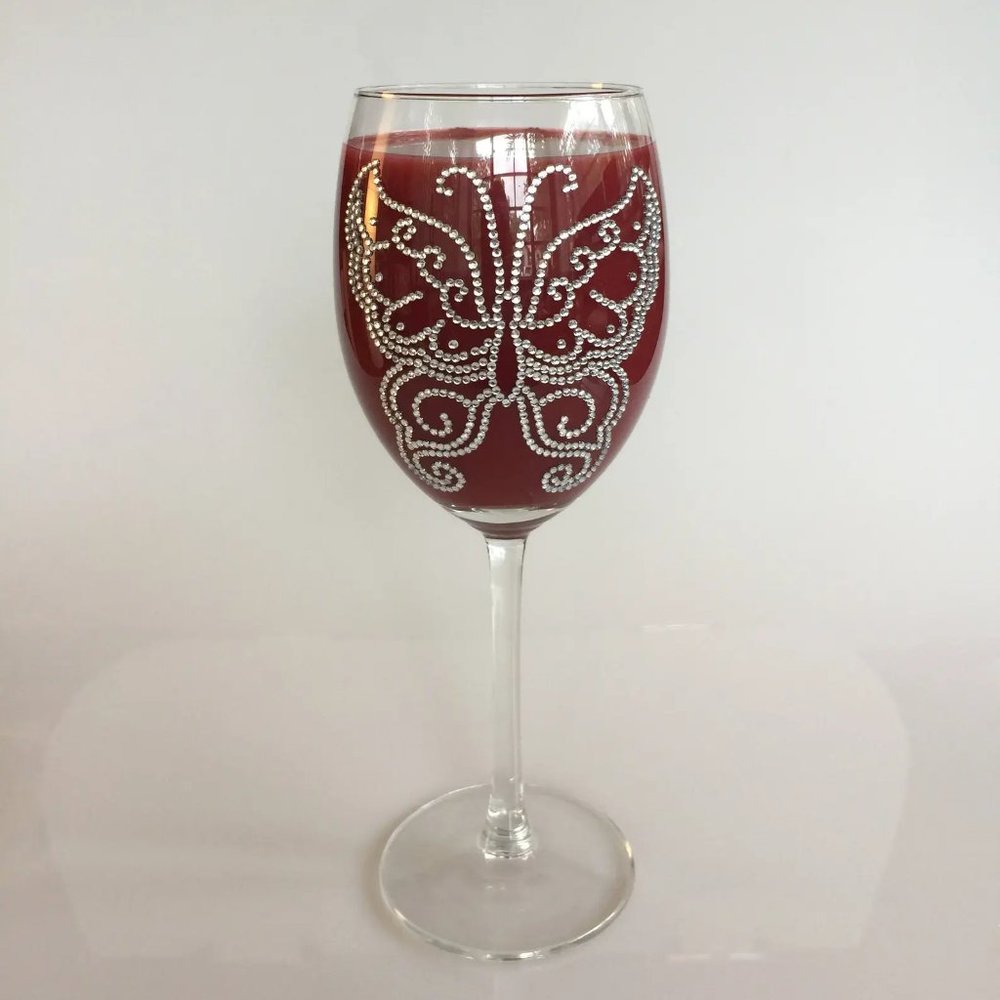 Wine glass, unique, handmade. Two-sided, same butterfly. Silver rhinestones
